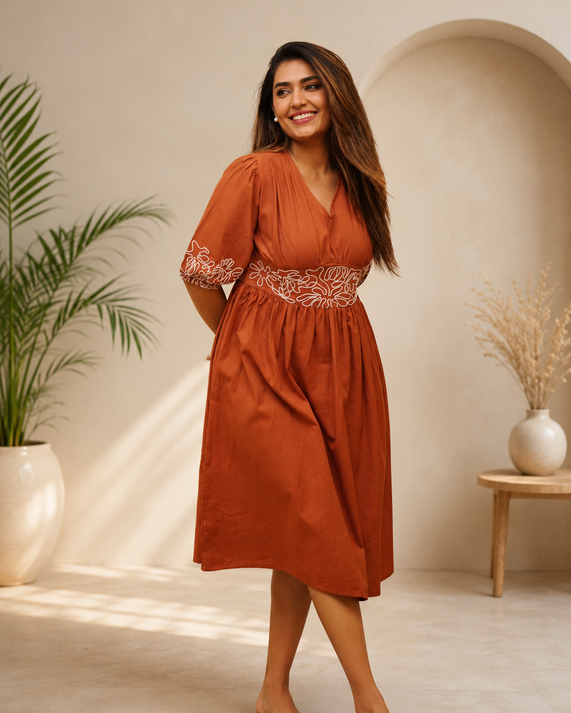 Women's Rust Embroidered Empire Waist Puff Sleeve Midi Dress