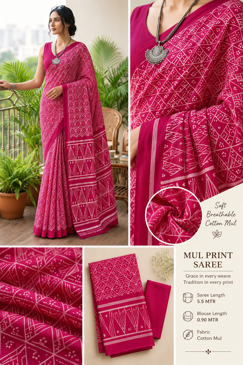 Elegant Pink Mul Print Saree 🌸