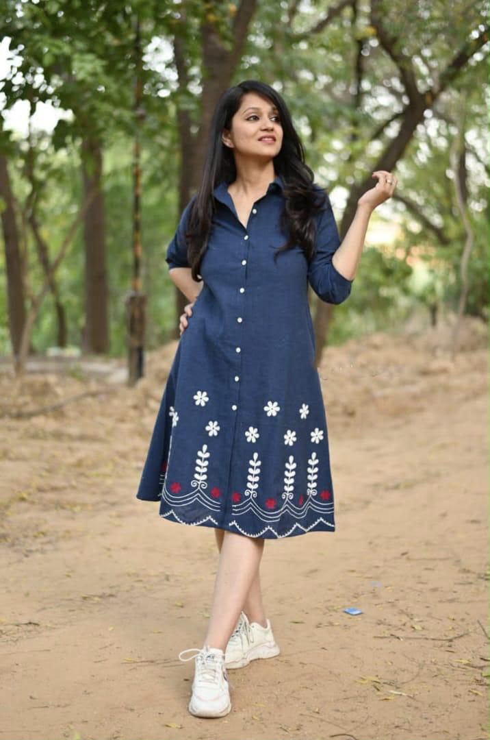 Women's Navy Blue Cotton A-Line Shirt Dress | Embroidered Floral One Piece Midi Dress | Casual & Daily Wear | Button-Down Collared Dress