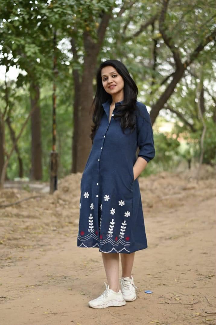 Women's Navy Blue Cotton A-Line Shirt Dress | Embroidered Floral One Piece Midi Dress | Casual & Daily Wear | Button-Down Collared Dress