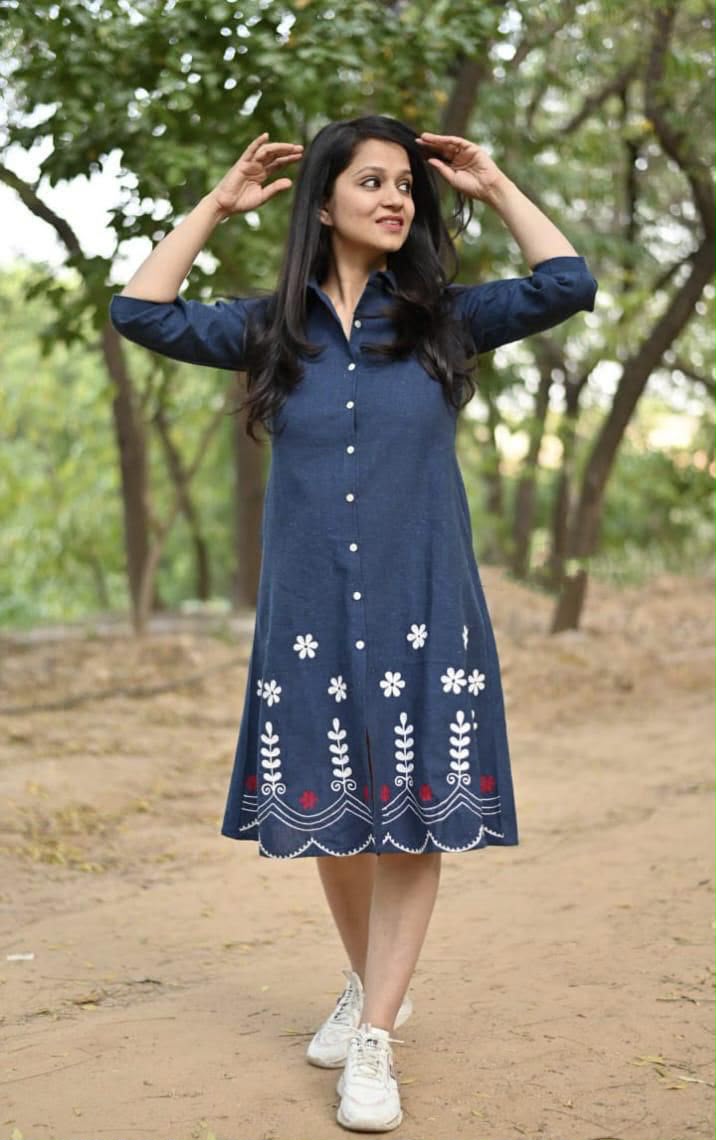 Women's Navy Blue Cotton A-Line Shirt Dress | Embroidered Floral One Piece Midi Dress | Casual & Daily Wear | Button-Down Collared Dress