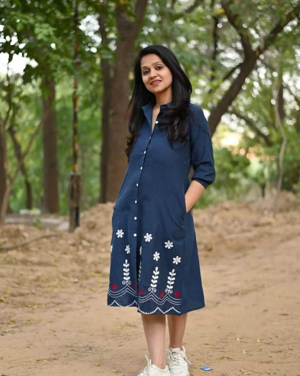 Women's Navy Blue Cotton A-Line Shirt Dress | Embroidered Floral One Piece Midi Dress | Casual & Daily Wear | Button-Down Collared Dress