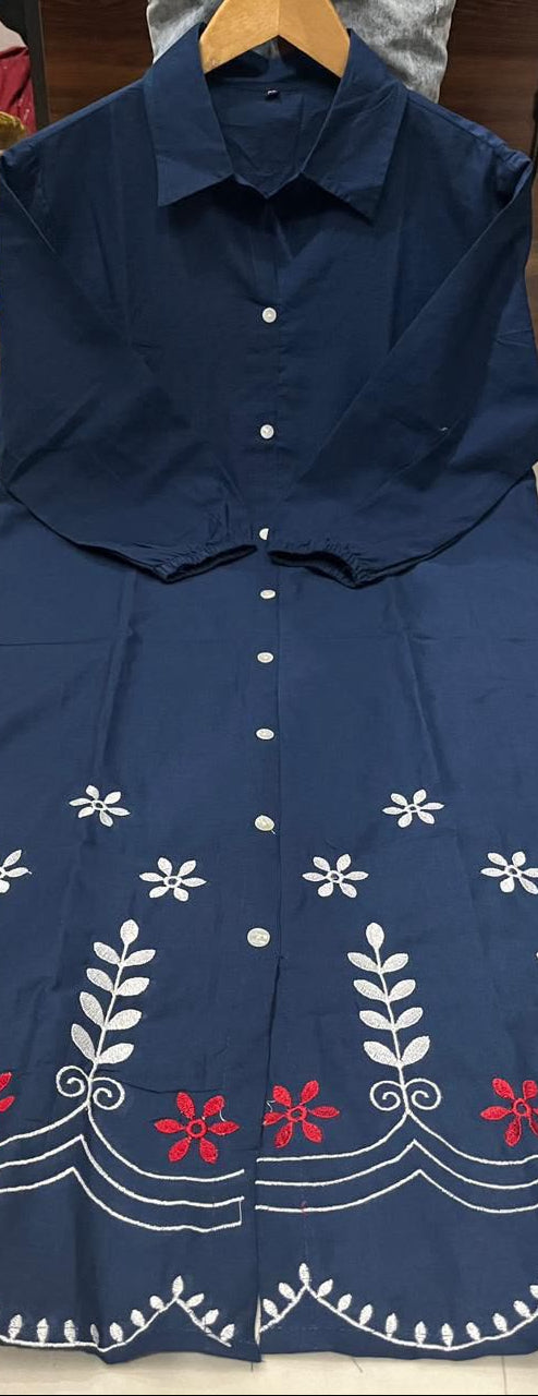 Women's Navy Blue Cotton A-Line Shirt Dress | Embroidered Floral One Piece Midi Dress | Casual & Daily Wear | Button-Down Collared Dress
