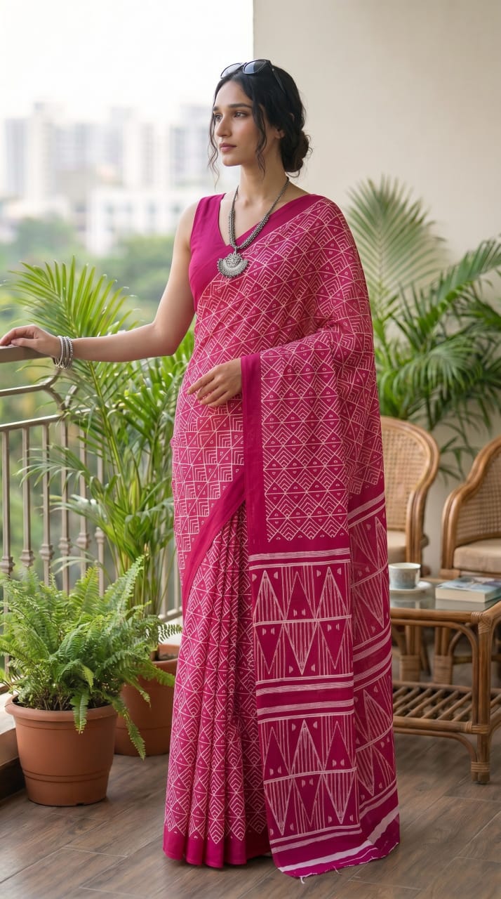 Elegant Pink Mul Print Saree 🌸